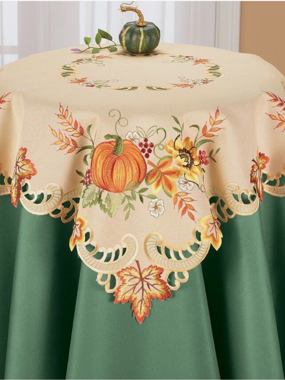 Embroidered Pumpkin Fall Table Topper Cream & Orange